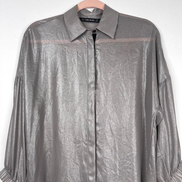 2/$30 ZARA High Low Metallic Button Down Shirt Gray Elastic Blouson Cuff #6212 - Picture 4 of 14